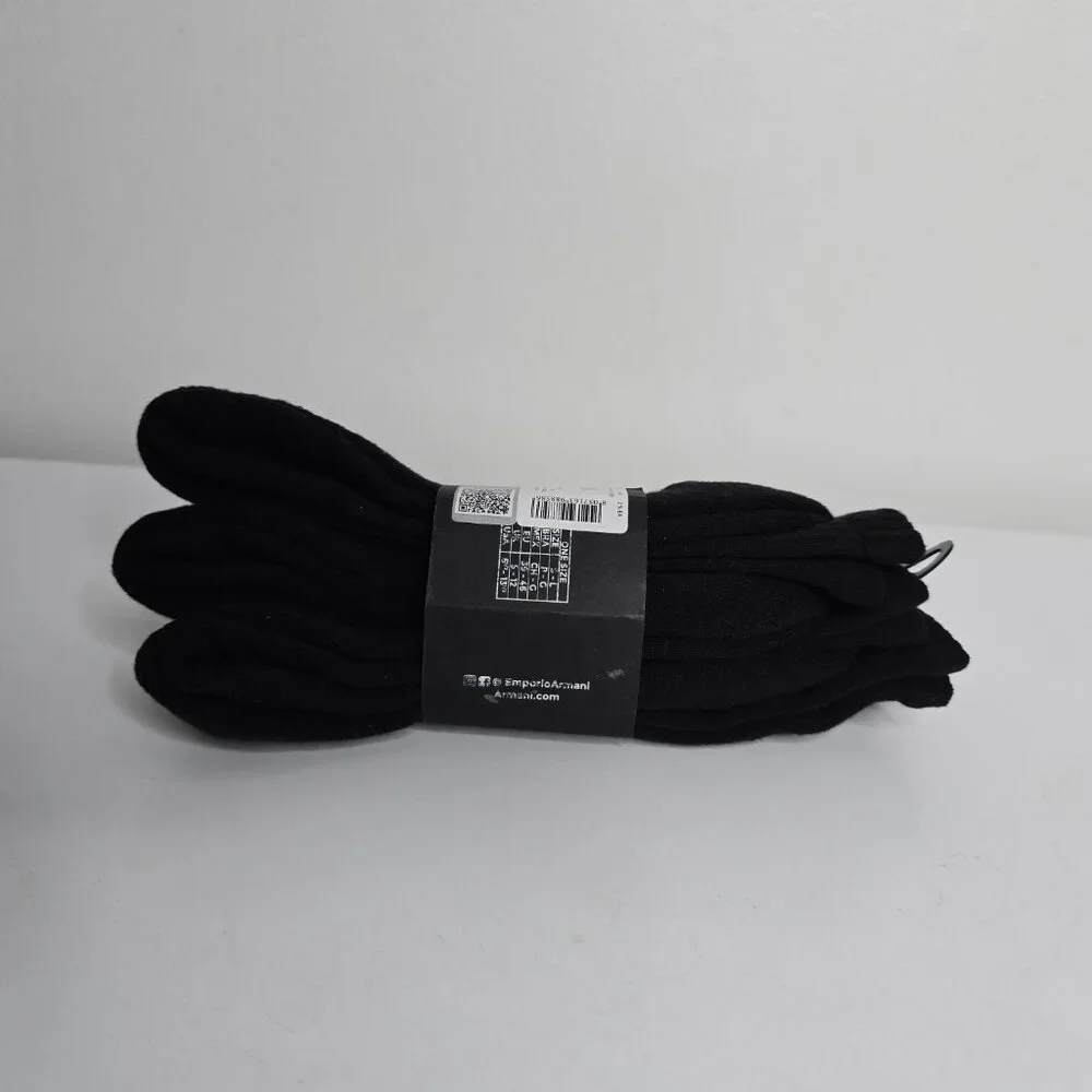 Emporio Armani Mens Black Crew Socks Everyday Sports Cotton Trainer 3 Pair Pack